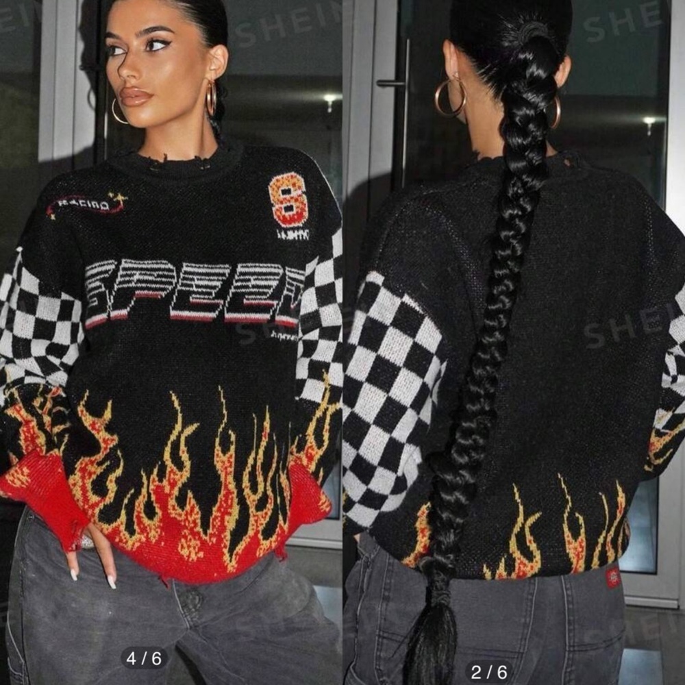 Bikercore‎ Fire & Letter Speed Flame Pattern Drop Shoulder Sweater 2XL